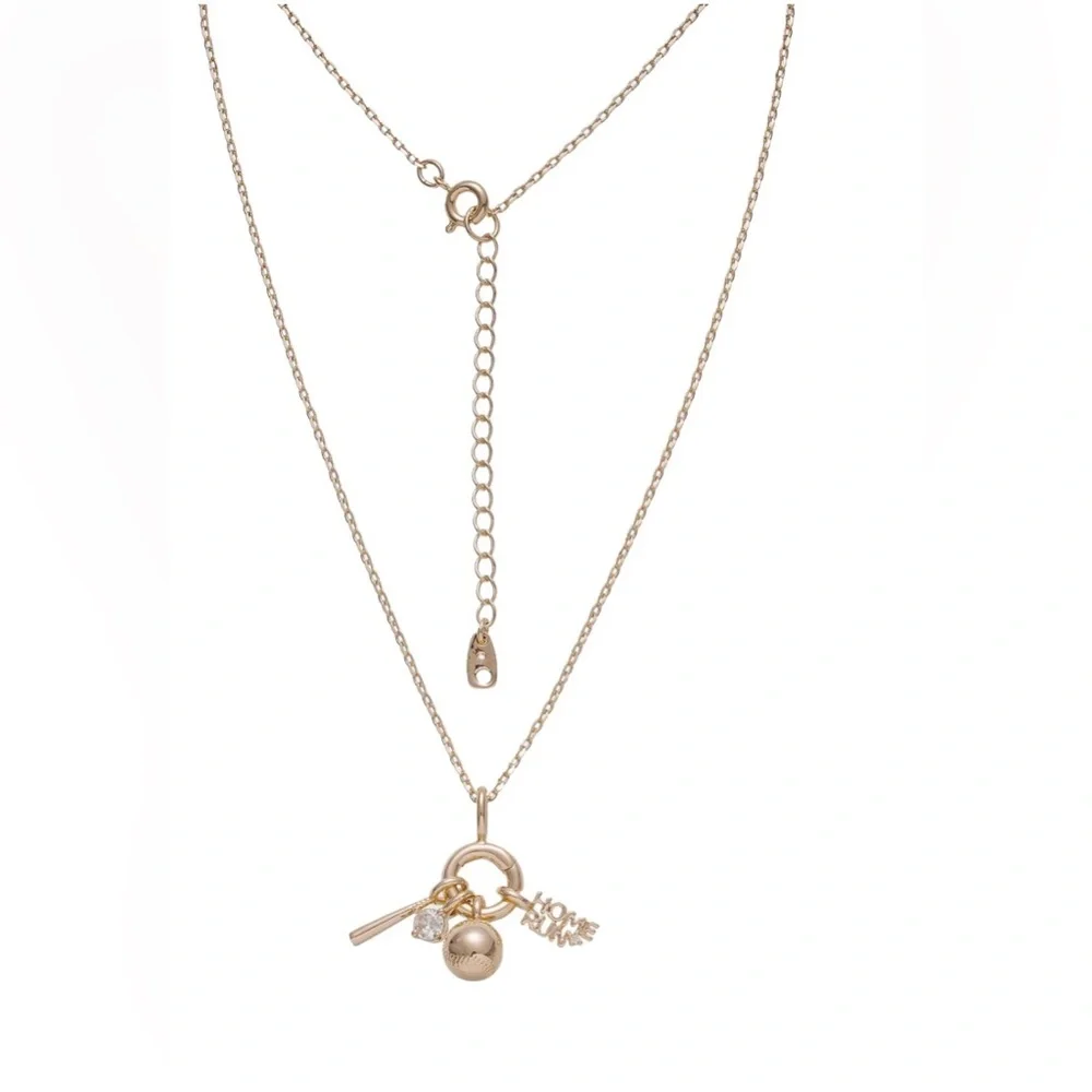 14KT gold plated cz solitaire 18” baseball‎ Home Run monogram necklace brand new